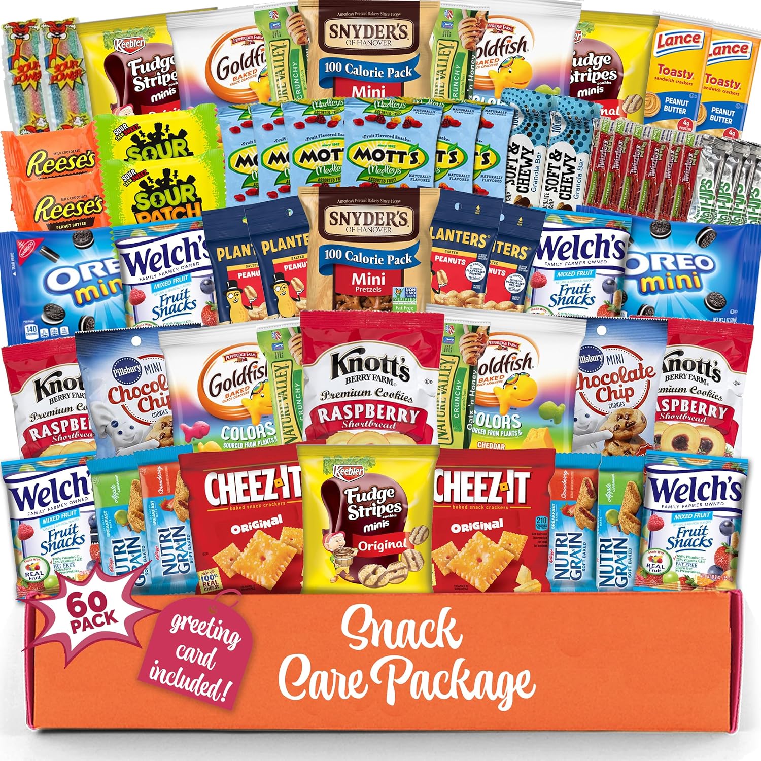 Snack box comprehensive packaging (60 pieces) containing potato chips, biscuits and bars - Comprehensive snack package for adults, children and teenagers - College student care package, office snacks, birthday and travel use
