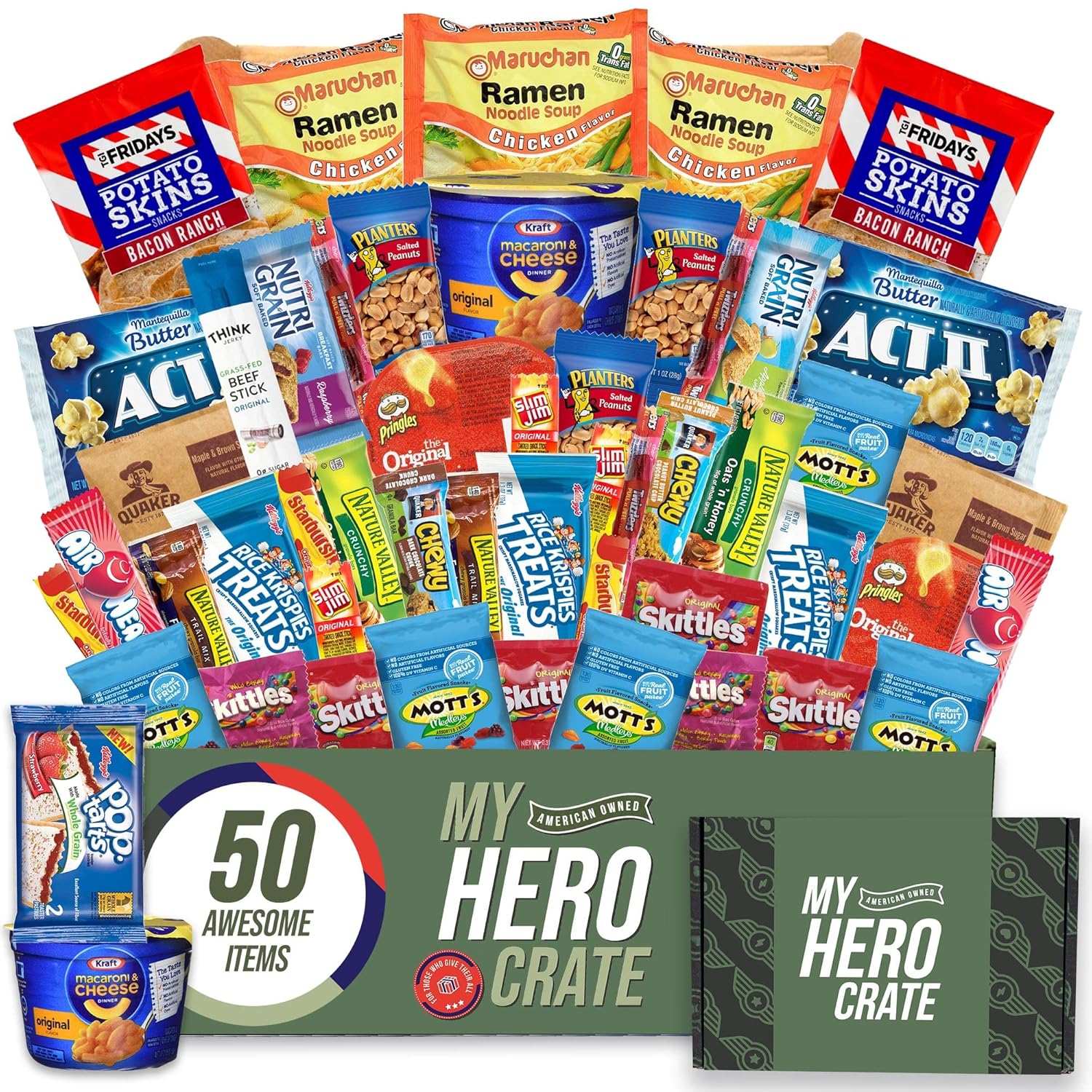 My Hero Crate Microwave Oven Military Care Set - 50 assorted gift baskets - Various snack boxes, including ramen, candies, popular tarts, nuts, snacks, etc.