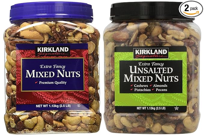 Kirkland Signature Mixed Nuts and Salt-Free Mixed Nuts Set - Includes Kirkland Signature Extra Fancy Mixed Nuts (2.4 pounds) and Extra Fancy Salt-Free Mixed Nuts (2.5 pounds)