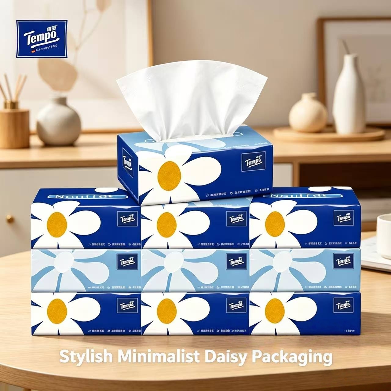Tempo Neutral Daisy Facial Tissue 4-Ply Soft Disposable Paper Towels, Bulk Pack Gentle Skin Care Pocket Tissue for Home Office Travel